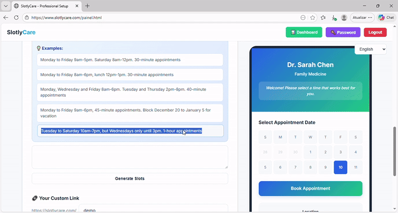 SlotlyCare Panel Demo — AI Schedule Generation